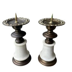 Candle Stick Holders Brass Marble Ornate Pillar Taper 7 Inch MCM VTG Set Of 2‎